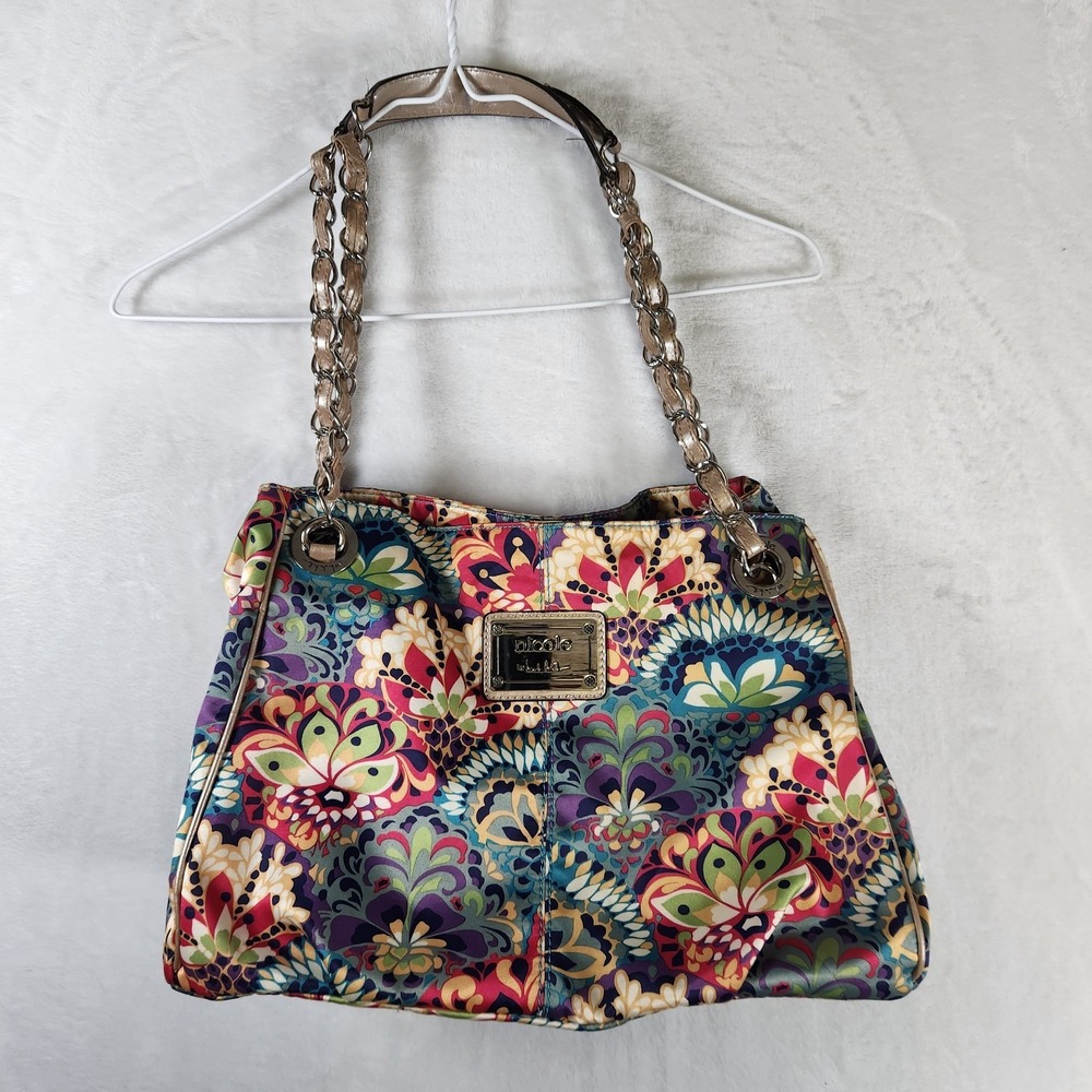 Nicole by Nicole Miller Tote Bag‎ Multicolor Floral Satin Chain Strap Shoulder